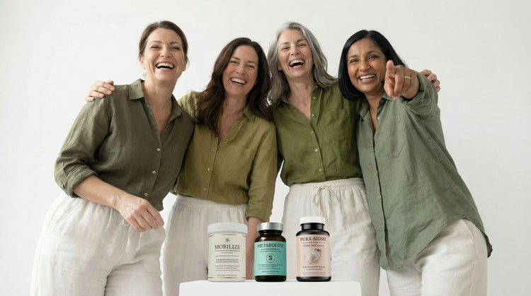 Group of woman from Rejuvenate brand happy smiling in front of Purabiome, Metabolize and Mobilize product
